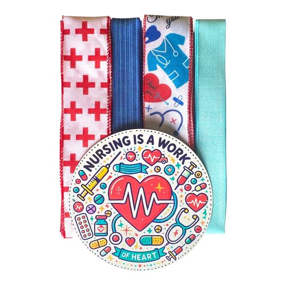 Nursing Ribbon Bundle w/ Sign | Nurse Wreath Kit | Red Blue Aqua DIY Home Decor - Picture 1 of 4